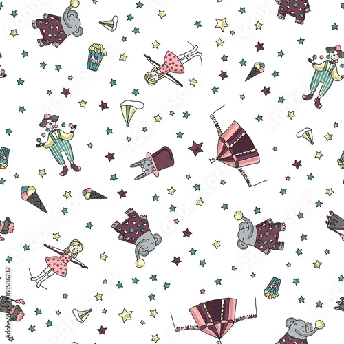 Traveling chapiteau circus. Performers, trained animals and circus props. Seamless pattern, vector illustration on white background.