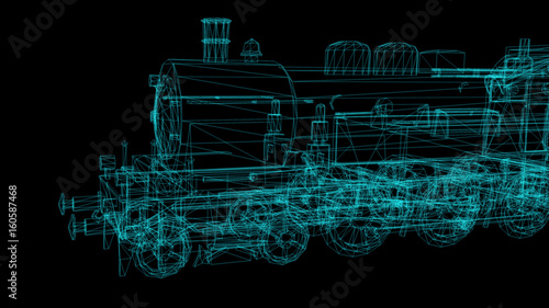 3d rendering - wire frame model of Train Hologram in Motion.. photo