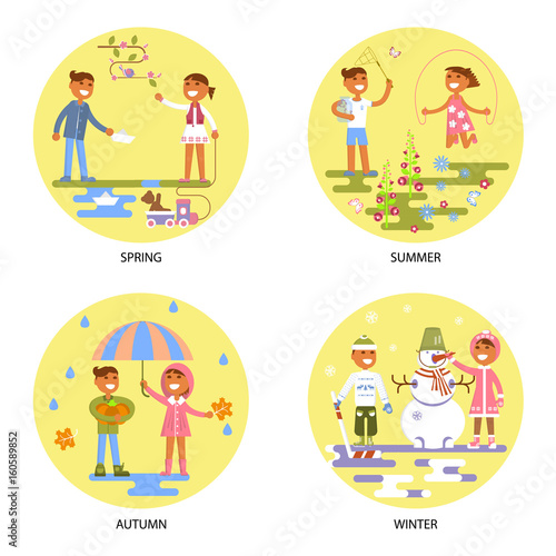 Four seasons set with babies. Different weather in Flat design boy and girl. Autumn, winter, spring, summer. Cartoon characters, illustration vector eps10