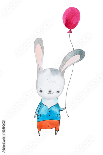 Hand-drawn cartoon bunny rabbit in pants and shirt with balloon isolated on white background