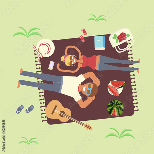 Top view of a couple in love lying on a picnic blanket. Flat cartoon vector illustration eps 10