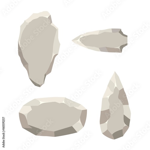 Ancient stone tools set isolated on white background. Primitive culture Stone age tool in flat style. Vector illustration.