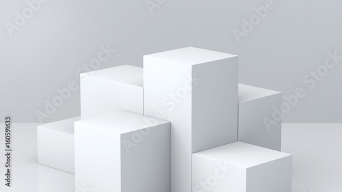 White cube boxes with white blank wall background for display. 3D rendering. 