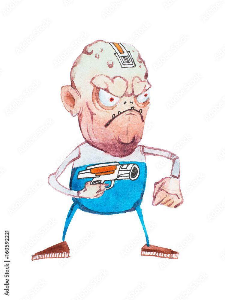 Short angry ugly male cartoon creature threatening pointing gun at someone  drawn Stock Illustration | Adobe Stock