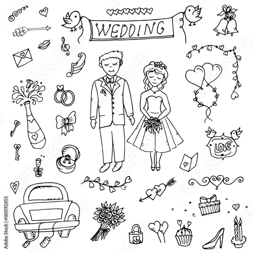 the attributes of the wedding, the bride and groom, love, wedding , Doodle