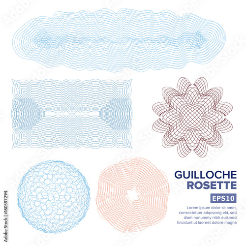Guilloche Rosette Set Vector. Decorative Abstract Rosette Elements For Diploma, Certificate, Money Or Passport. Guilloche Background Rosette. Vector Illustration.