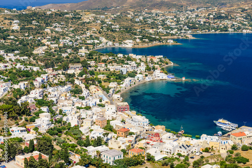 The picturesque coastline of Agia Marina village, Leros island, Dodecanese, Greece