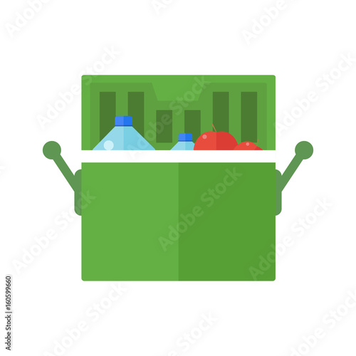 Portable refrigerator for tourist camp and fishing. Mini refrigerator on isolated white background in flat design