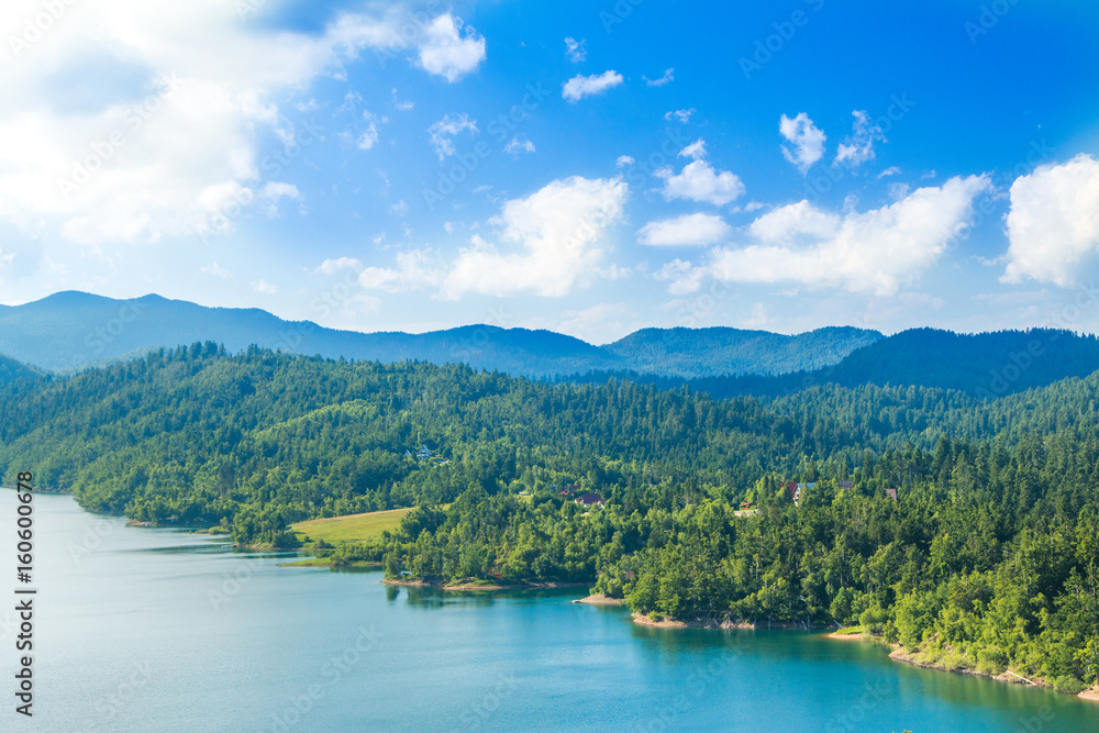      Panoramic view of Lokvarsko lake, beautiful mountain landscape, Lokve, Gorski kotar, Croatia 