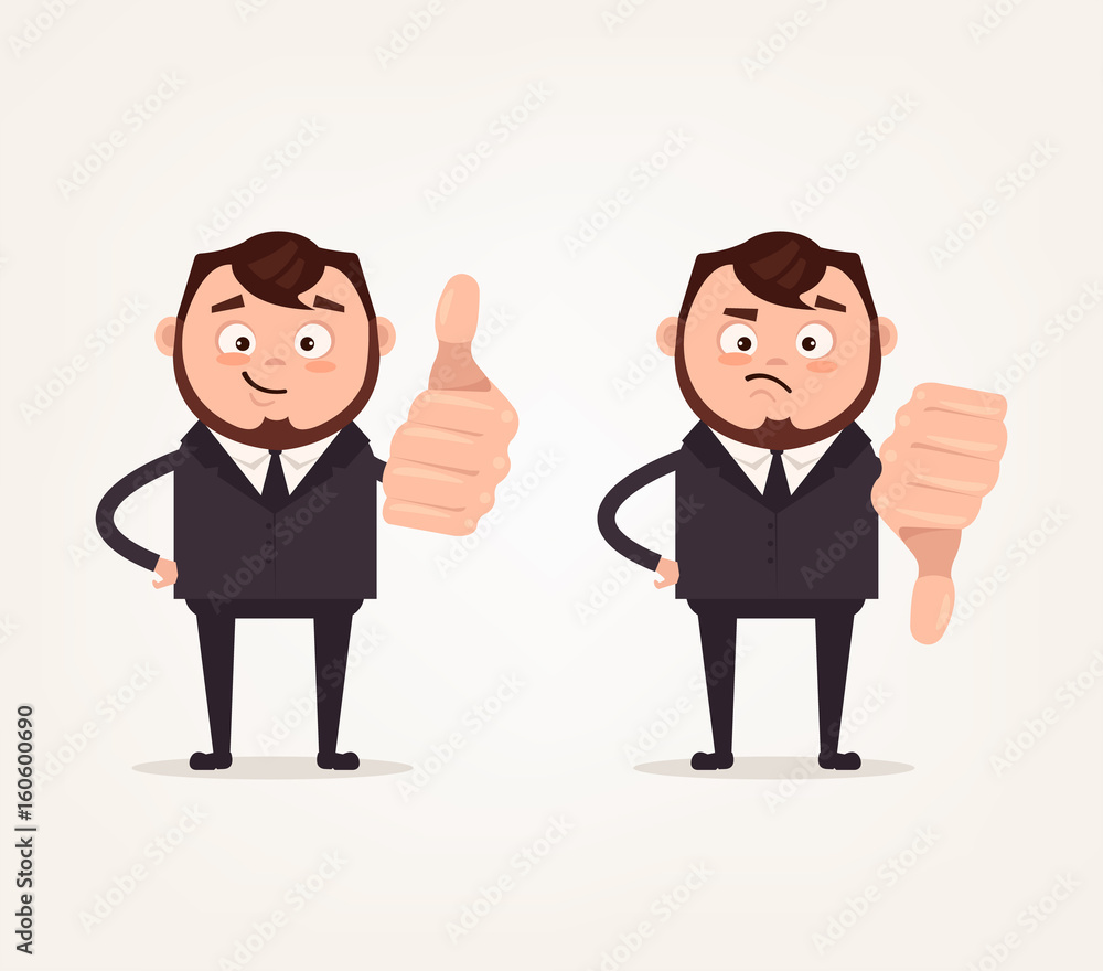 Happy smiling and angry sad businessmen office worker characters show likes and dislikes hand gesture sign. Vector flat cartoon illustration set Happy smiling and angry sad businessmen office worker characters show likes and dislikes hand gesture sign. Vector flat cartoon illustration set