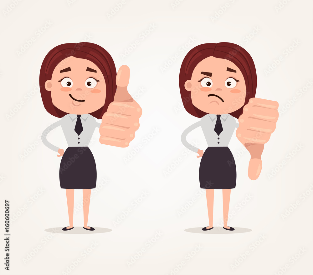 Happy smiling and angry sad business woman office worker characters show likes and dislikes hand gesture sign. Vector flat cartoon illustration set Happy smiling and angry sad business woman office worker characters show likes and dislikes hand gesture sign. Vector flat cartoon illustration set