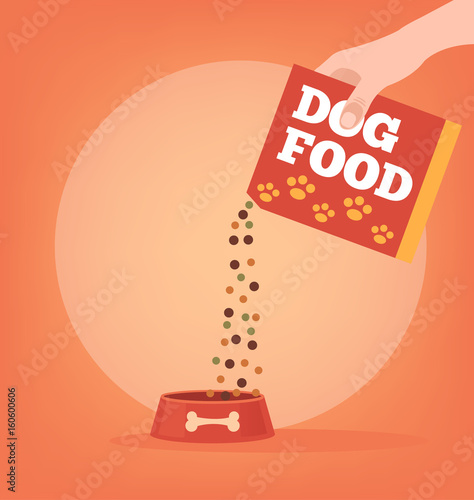 Owner hand giving dog food. Vector flat cartoon illustration