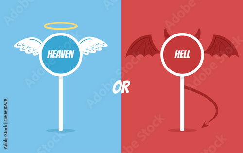 Heaven or hell road sign. Vector flat cartoon illustration