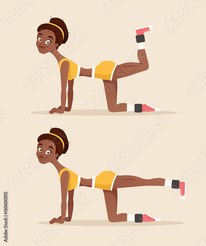 Happy smiling black african american woman sportsman doing exercise on buttocks. Vector flat cartoon illustration