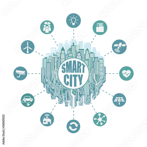 Smart city with advanced smart services, social networking, the Internet of things, circuit board