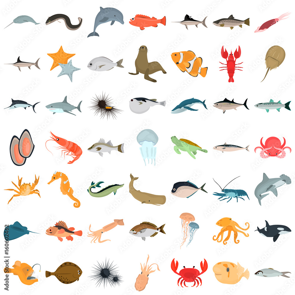 Big color flat sea animals and food icons for web and mobile design Stock  Vector | Adobe Stock