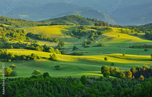 Spring forest and meadows landscape in Slovakia. Morning scenery near village Poniky. Fresh trees and pastures. Sunlit country.