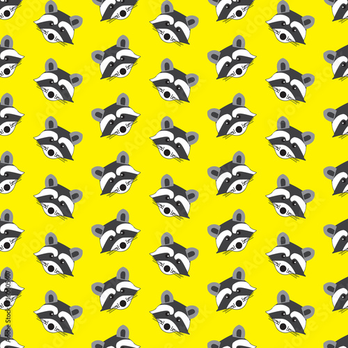 Seamless pattern the face of a raccoon on a bright yellow background, vector illustration © glu_51