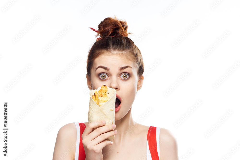 Healthy diet, woman holding pita bread, woman hungry on isolated background Healthy diet, woman holding pita bread, woman hungry on isolated background