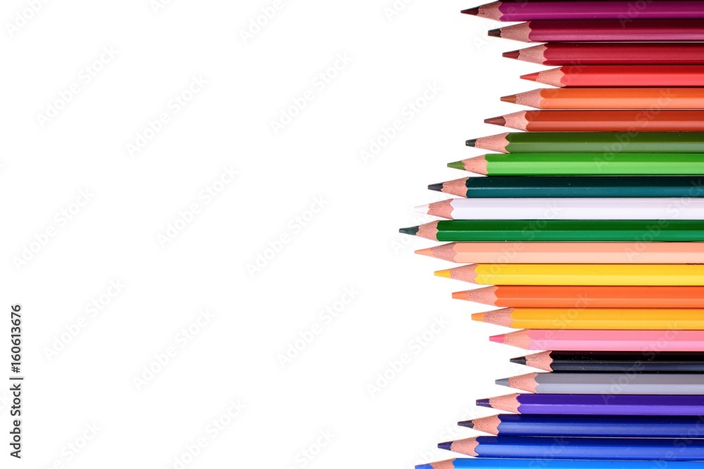 Many colored pencils isolated on white background, place for text Many colored pencils isolated on white background, place for text