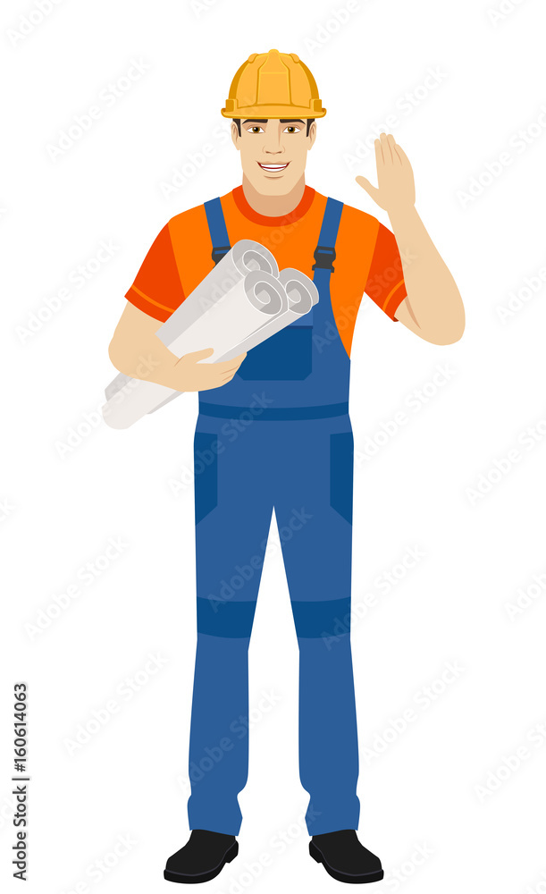 Builder with his hand raised up holding the project plans Builder with his hand raised up holding the project plans