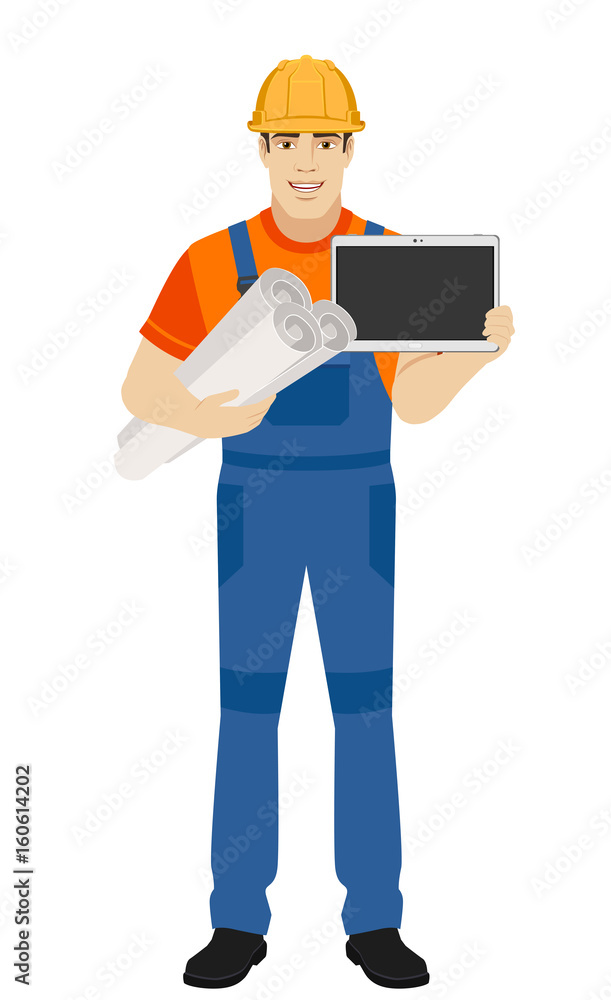 Builder holding the project plans and showing blank digital tablet PC Builder holding the project plans and showing blank digital tablet PC