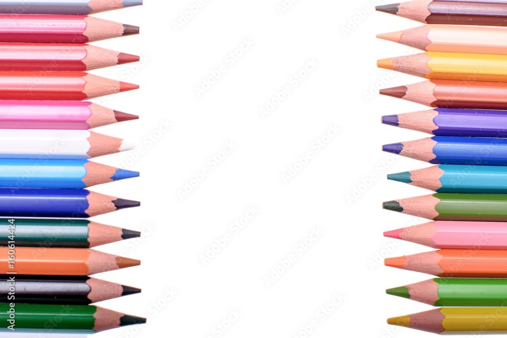 Many colored pencils isolated on white background, place for text Many colored pencils isolated on white background, place for text