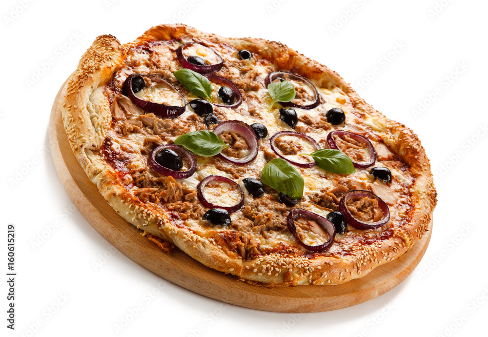 Pizza with tuna on white background Pizza with tuna on white background