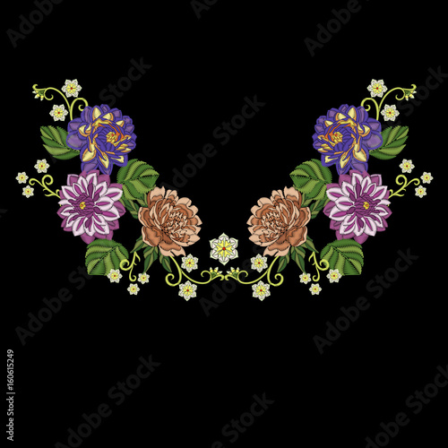 Embroidery design. Embroidered collection of dahlia, peony and chrysanthemum flowers for fabric pattern, textile print, patch or sticker. Symmetric floral elements for dress neckline, t-shirt, blouse.