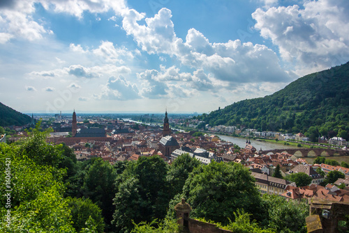 Panoramic view of Heidelberg medieval town and Neckar river from a castle hill, Germany.