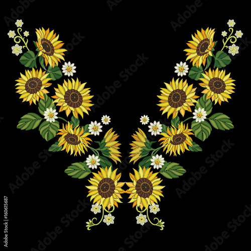 Fototapeta Naklejka Na Ścianę i Meble -  Embroidery design. Embroidered collection of sunflowers and daisy flowers for fabric pattern, textile print, patch or sticker. Symmetric floral elements for dress neckline, collar t-shirt or blouse.