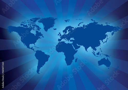 dark blue background with map of the world - vector with rays