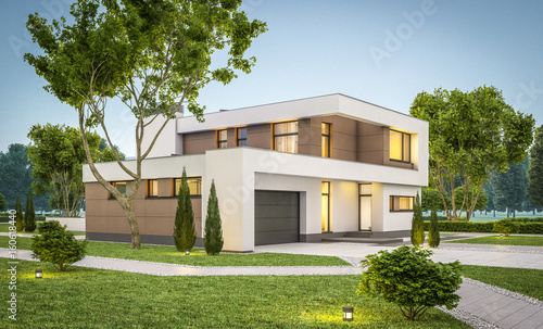 3d rendering of modern house at evening © korisbo