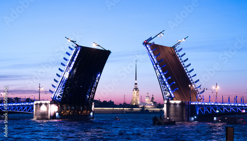 movable bridge, river Neva, white nights
