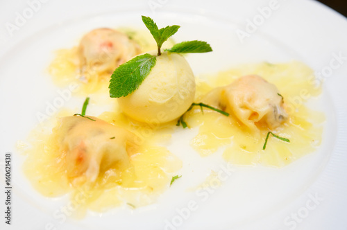 Pineapple sorbet and carpaccio in plate