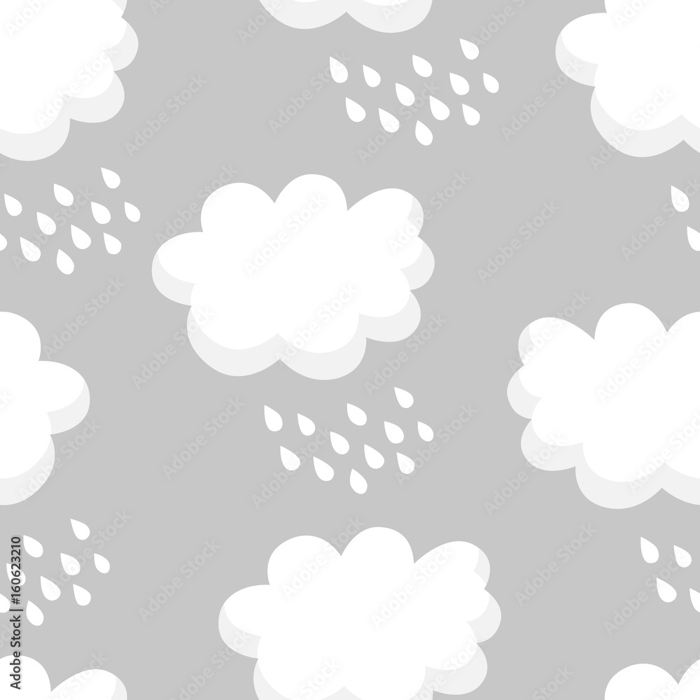 Seamless pattern with white clouds and raindrops on gray background. Ornament for children's textiles and wrapping. Vector.