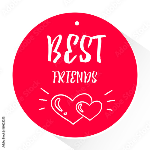 Red sticker with lettering text Best friends and silhouette two hearts with rays. Vector. © yanabear