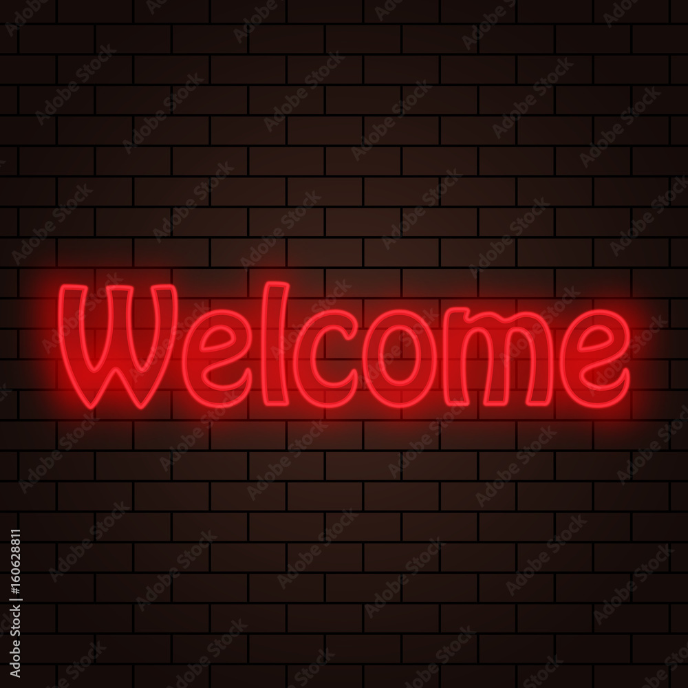 Abstract inscription welcome neon lights, on a brick background. Abstract inscription welcome neon lights, on a brick background.