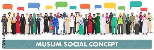 Social concept. Large group muslim arabic people professions occupation standing together in row and speech bubble in different suit and traditional clothes on white background in flat style. Vector.