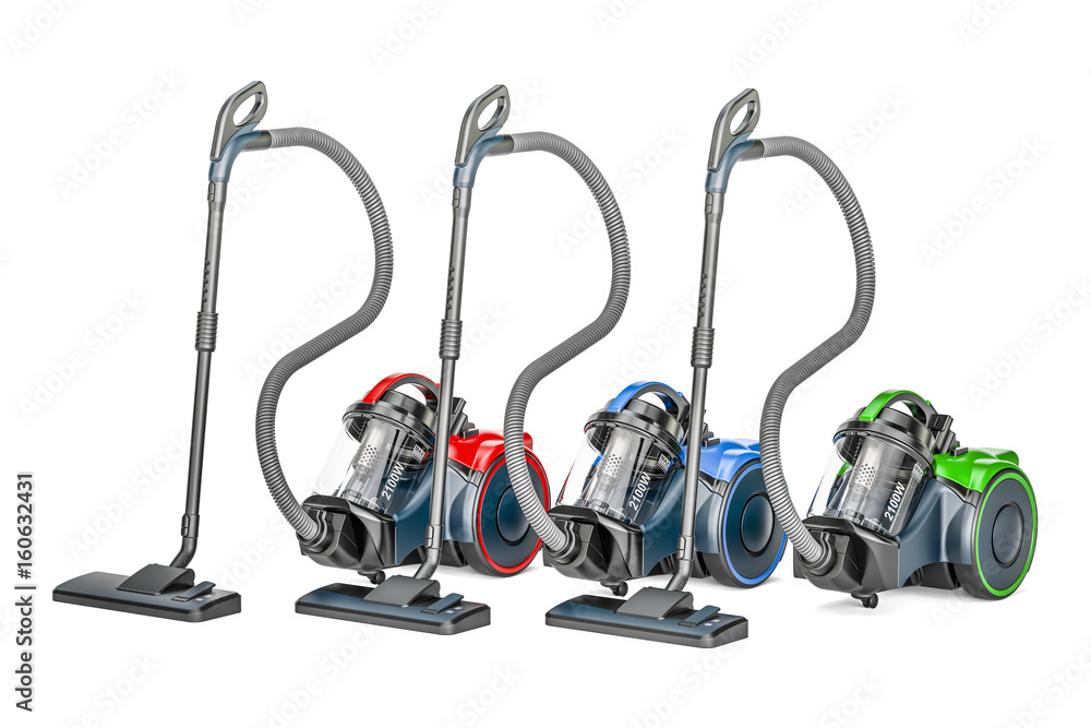 Set of colored vacuum cleaners, 3D rendering Set of colored vacuum cleaners, 3D rendering