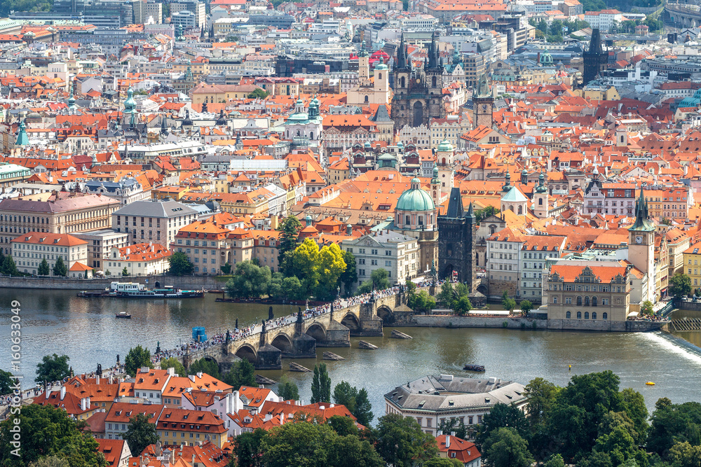 The view of the skyline of the old city with the Charles Bridge, Prague, Czech Republic, Europe.