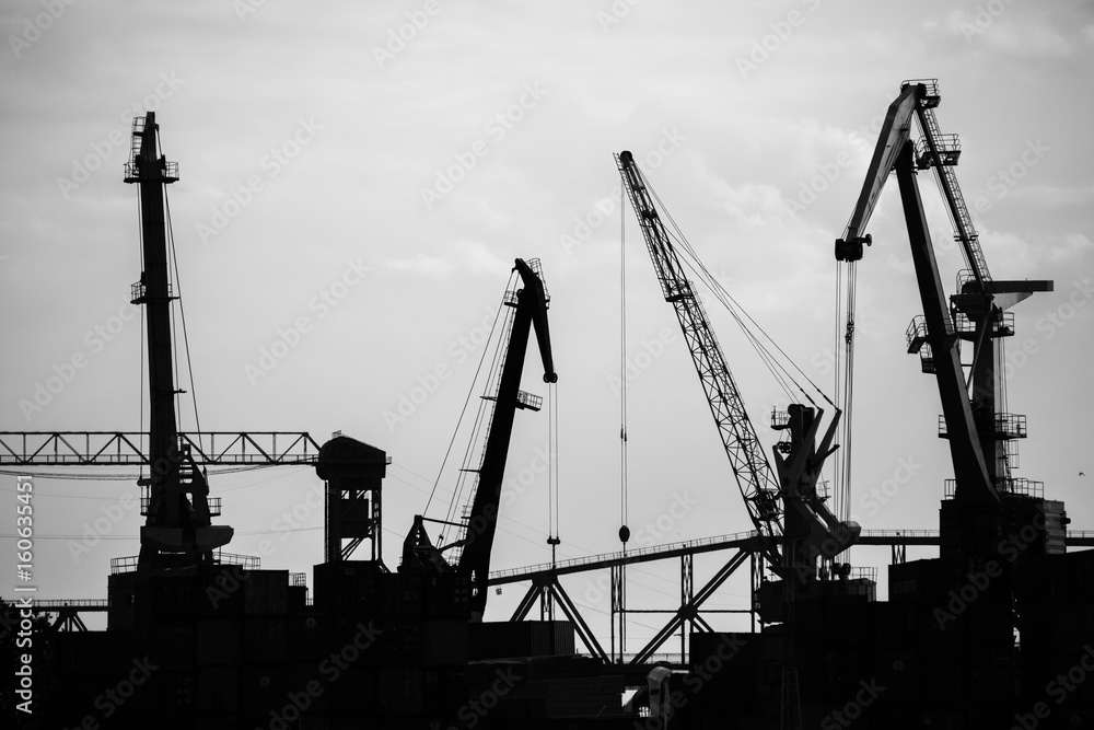 Cargo ship-lifting cranes on the river in the port black-and-white photo Cargo ship-lifting cranes on the river in the port black-and-white photo