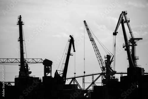 Cargo ship-lifting cranes on the river in the port black-and-white photo 