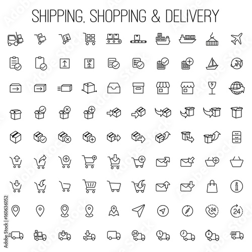 shipping, shopping and delivery icons set white background