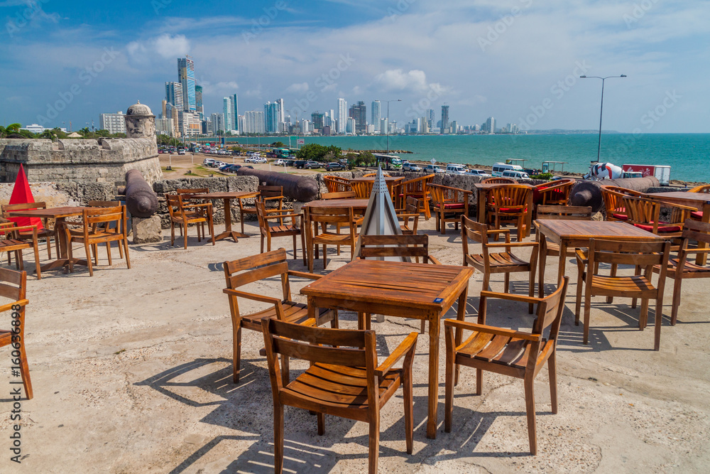 Tables and chairs at the fortification walls of Cartagena, Colombia