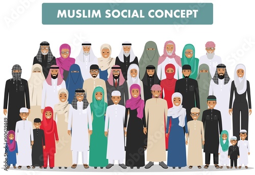 Family and social concept. Arab person generations at different ages. Group young and old muslim people standing together in different traditional islamic clothes on white background in flat style.