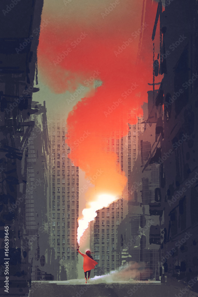 Fototapeta premium woman holding red smoke flare on street in abandoned city with digital art style, illustration painting