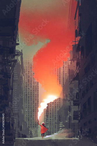 woman holding red smoke flare on street in abandoned city with digital art style, illustration painting