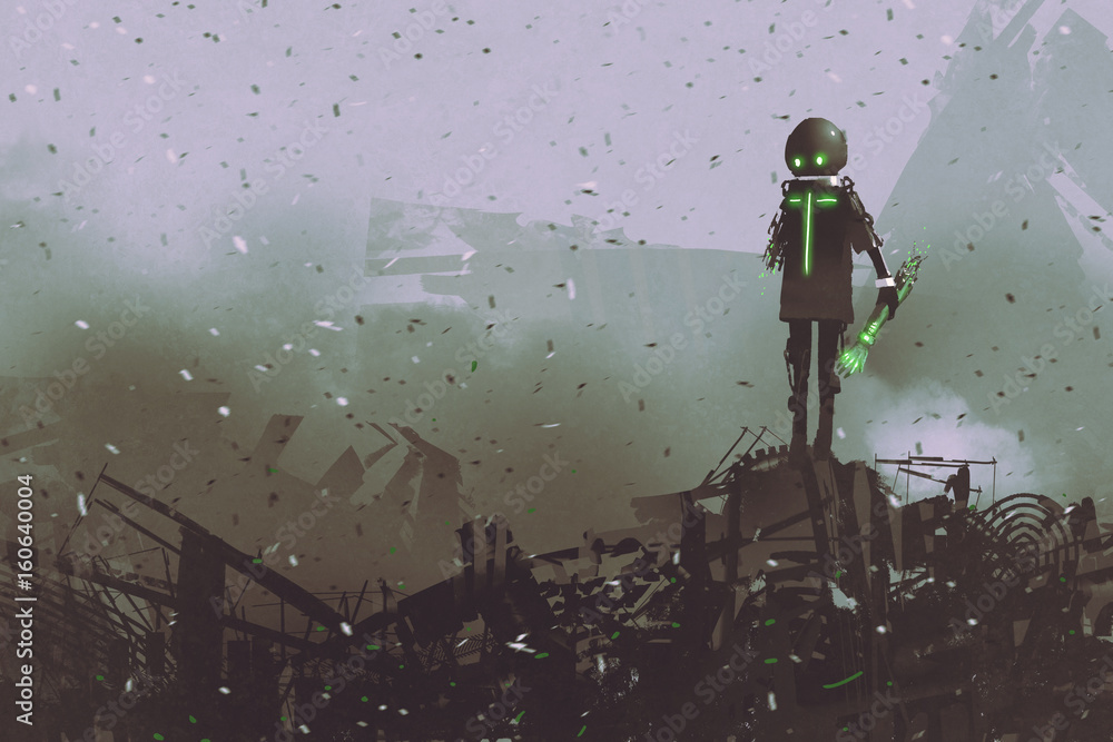 Fototapeta premium black robot holding a mechanical arm standing on a pile of spare parts, digital art style, illustration painting