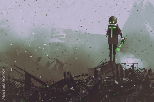 Fotografía black robot holding a mechanical arm standing on a pile of spare parts, digital